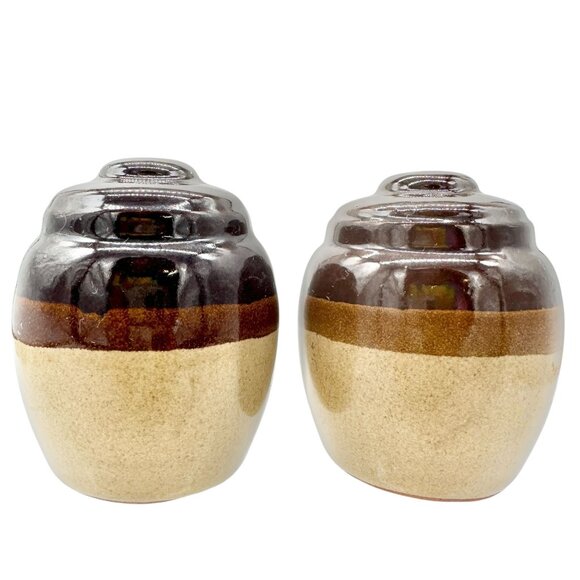 Vintage Clay Jug Salt and Pepper Shakers Brown and Tan Glossy Finish - Picture 1 of 7